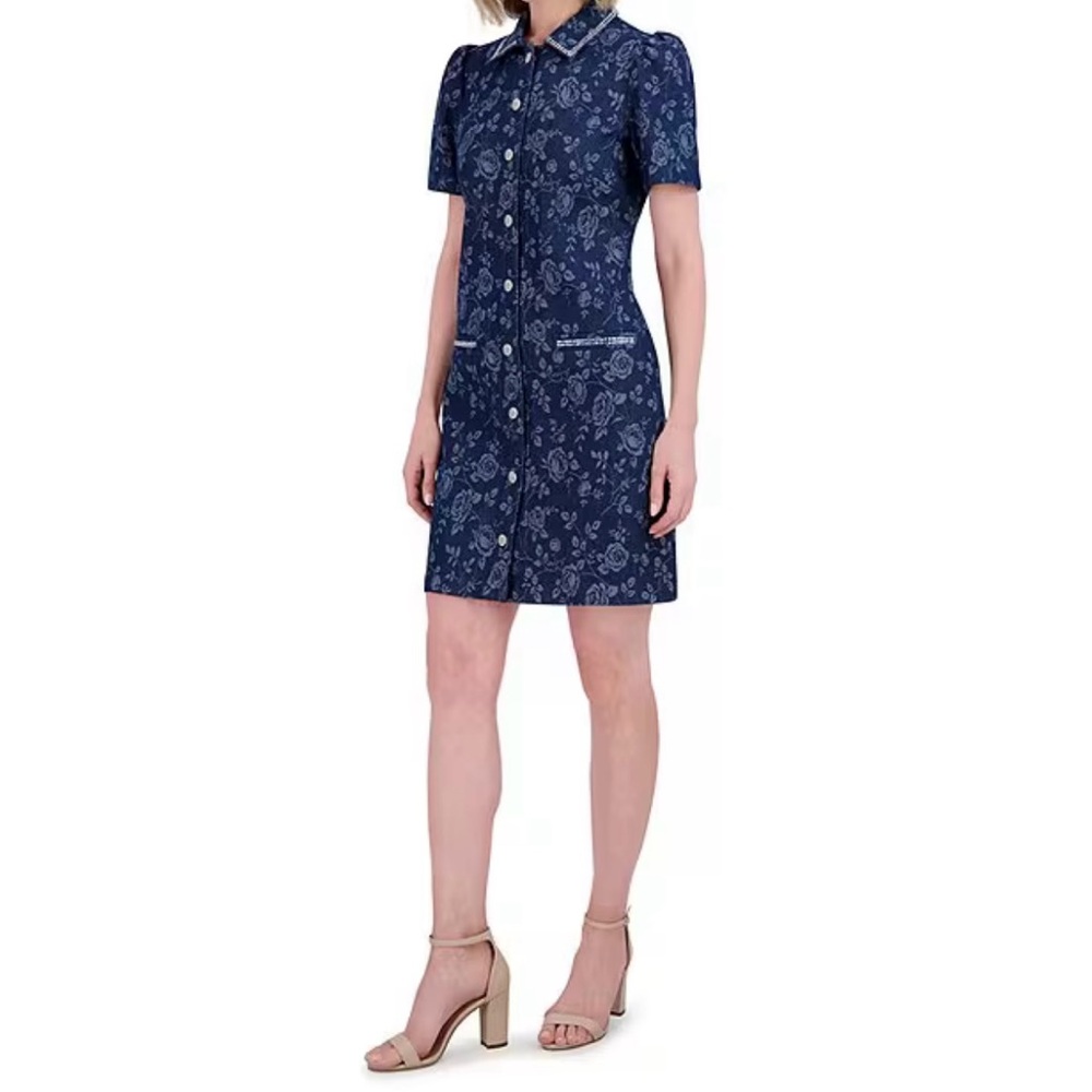 Eliza J Dark Blue Denim  Floral Button-Up Mini Dress